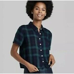 Wild Fable Shirt Womens M Blue Green Cropped Boyfriend Short Sleeve Shirt